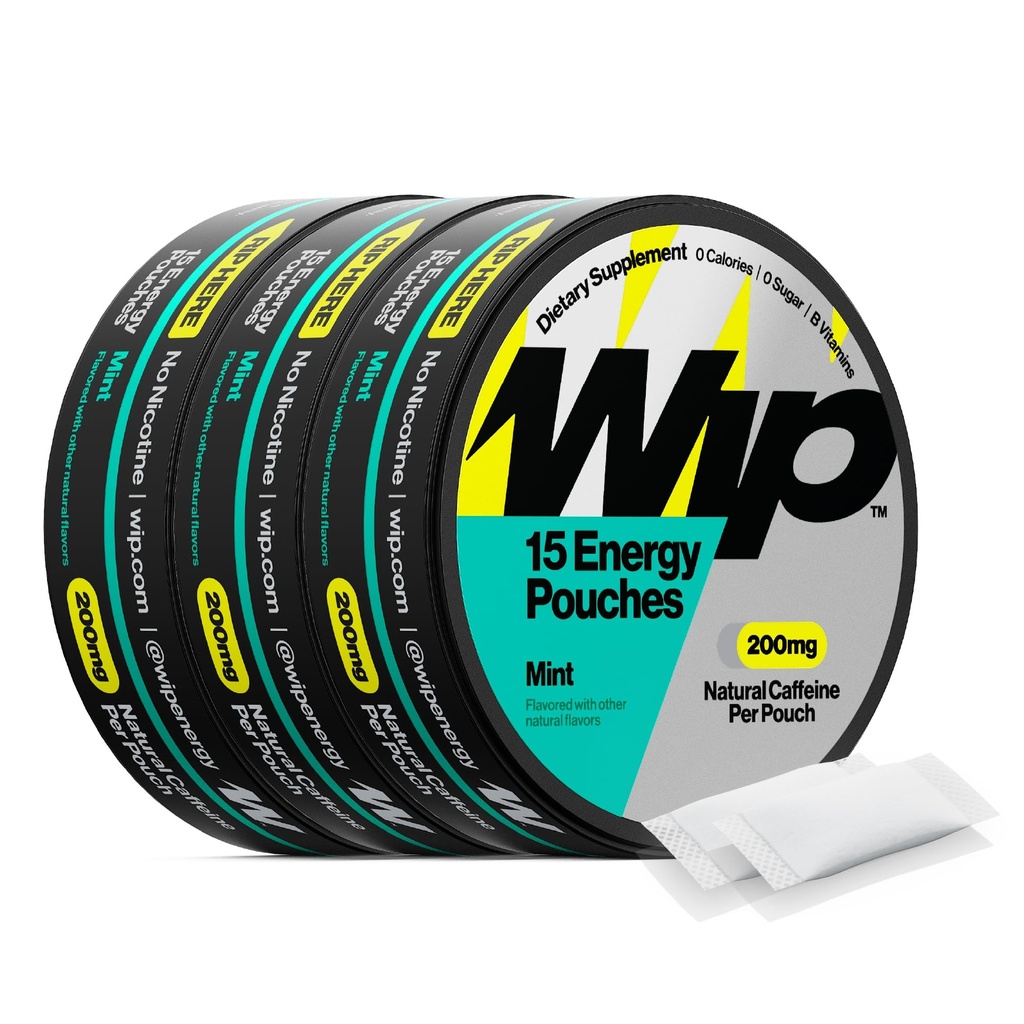 Poșe de energie Wip, Blend gratuit de zahăr cu 200 MG Cafeina Naturală, Vitamine B, Minerale & L Theanină pentru suport energetic, Pre Workout pentru stiluri de viață active, Mint, 3 cutii de conserve, 15 pungi per can