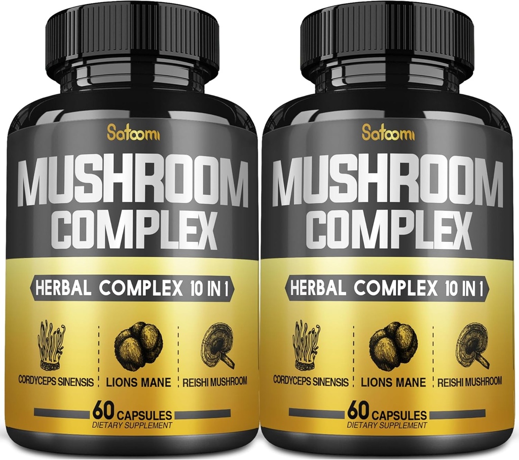 Satoomi 10in1 Suplimente de ciuperci Capsule - 4 luni de aprovizionare - Amestecuri cu Lions Mane, Cordyceps, Reishi, Chaga, Maitake, Shitake & Altele - 2 ambalaje 60 capsule