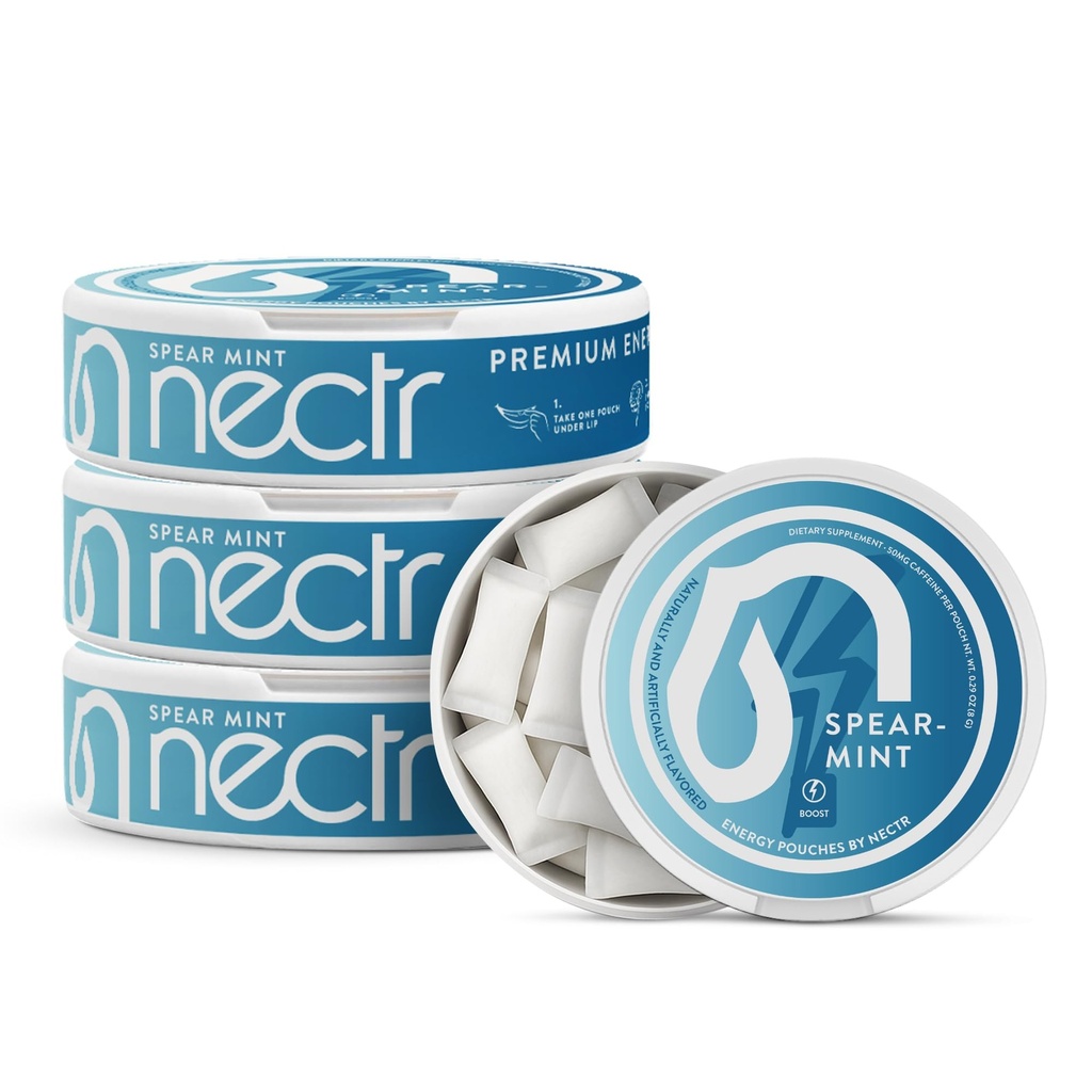 Nectr Energy 50mg Cafeine Poches - Spearmint aroma, Sugar-Free Brain Treats. 20x Mini Nicotine-Free Pouchs Per Puck. Concentrare rapidă & Suplimentul energetic - 4 Pachet