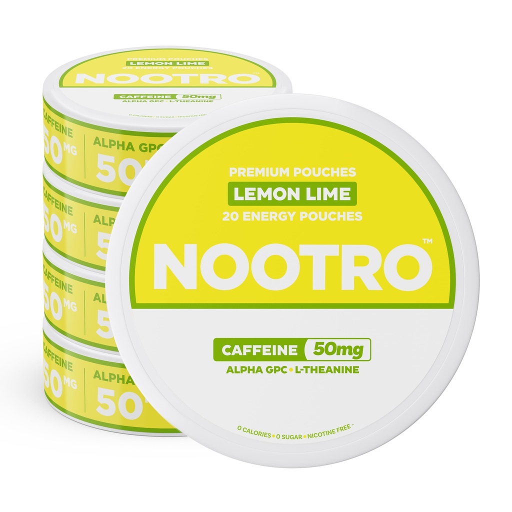 Nootro Cafeina Nootropic Poches (Lemon Lime) - Poches de energie cu 50mg Cafeina, 50mg Alpha GPC, 50mg L-Theanină cu nici un zahăr și nici calorii - 20 Poches Per Can - 5 Pack