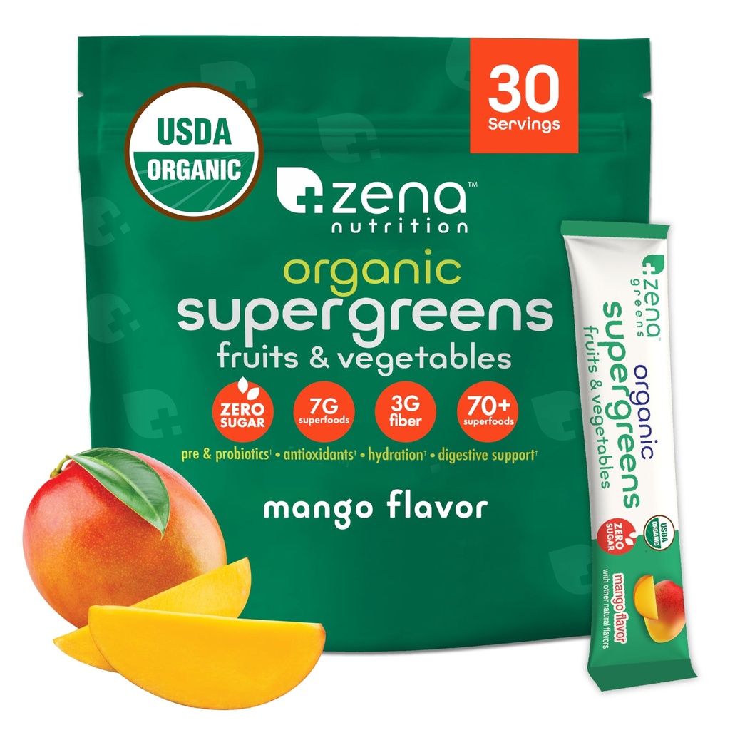 Zena Nutrition Organic Super Greens Powder, 70+ Superfoods, 0 Zahăr, 3G Fiber, Spirulina, Chlorella, Ciuperci, Prebiotice/Probiotice, Enzime digestive pentru sanatate guta, Mango, 30 bautura Mix Pachete
