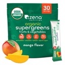 Zena Nutrition Organic Super Greens Powder, 70+ Superfoods, 0 Zahăr, 3G Fiber, Spirulina, Chlorella, Ciuperci, Prebiotice/Probiotice, Enzime digestive pentru sanatate guta, Mango, 30 bautura Mix Pachete