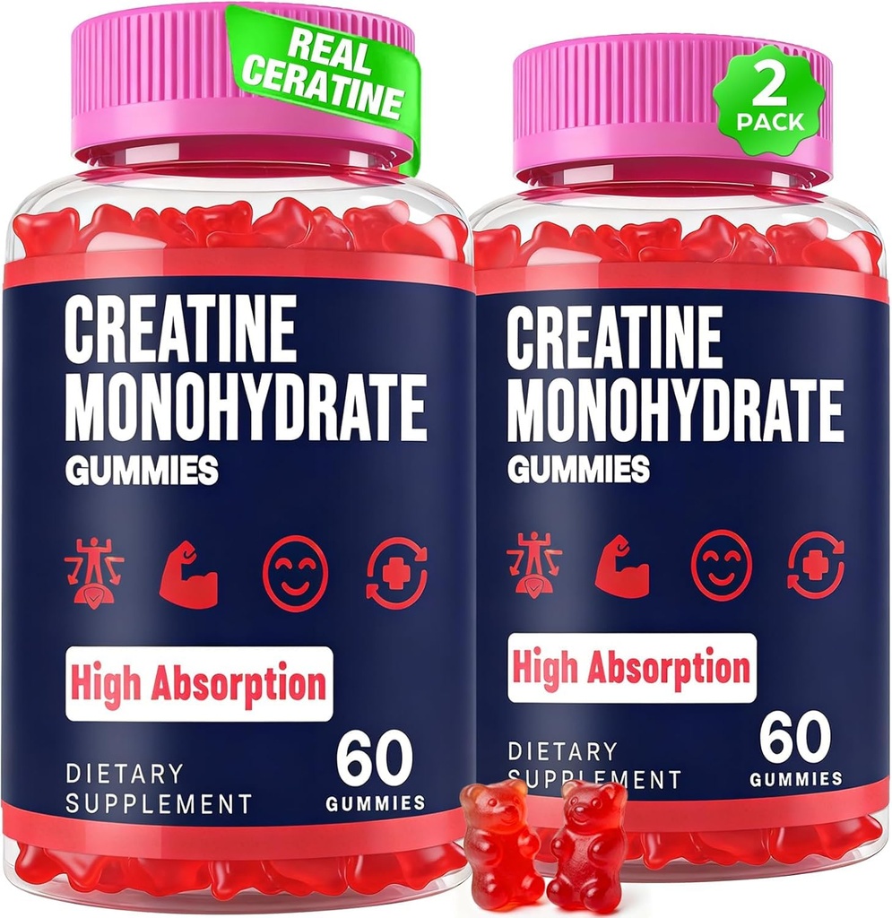 Creatina Monohidrat Gume pentru femei si barbati, Taurina & B6, Creatina masticabila Gume de antrenament pre pentru putere maxima si crestere musculara, energie, rezistenta, Creatura pentru barbati si femei - 2 sticle
