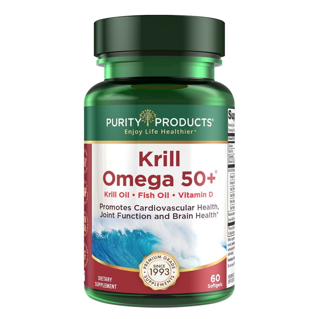 Produse de puritate Krill Omega 50 (Krill + ulei de pește Blend 1000mg + Astaxantină 500mcg + Fosfolipide 200mg + vitamina D 500 UI) - 60 Mini Softgels