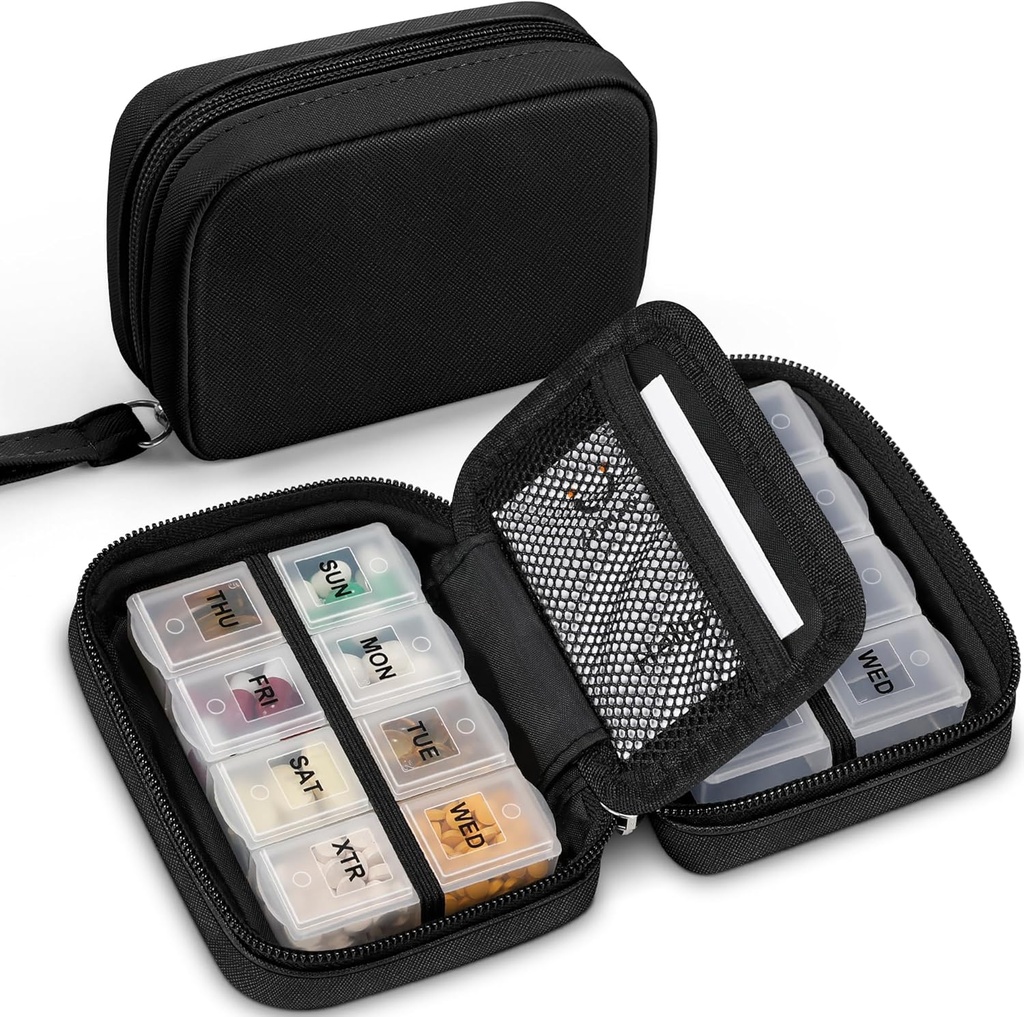 Zannaki Cute Pill Organizator pentru Purse cu două Removable 7-Day Pilula cutie, PU Case Pilula de călătorie din piele, Portable Weekly Pill Container cu sac de depozitare pentru a ține vitamine, uleiuri de pește, Suplimente (Negru)