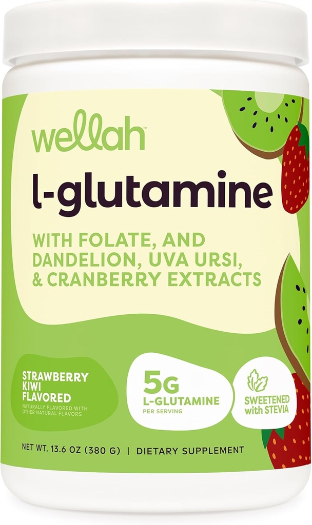 Wellah L-Glutamine Powder Căpșuni Kiwi (50 de serviri) - 5g L-glutamină Per Serving, îndulcit cu Stevia