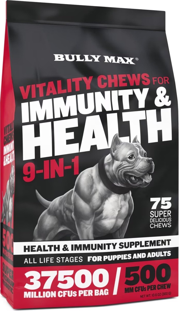 Bully Max Dog Chews & Multivitamine Tratamente pentru catelusi si caini adulti - 75 Chews moale, Suplimente de caine si vitamine pentru toate rasele - Piele, Haina, Creier, Inima, Digestive Health, Imunitate, Suport comun