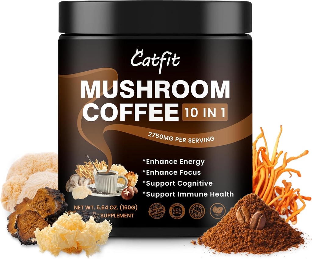 Catfit Mushroom Coffee Powder, 10 Mushroom Blend Supplements with Lion's Mane, Chaga, Cordyceps, L-Theanine for Energy, Focus, Cognitive and Immunity, 50 Serving