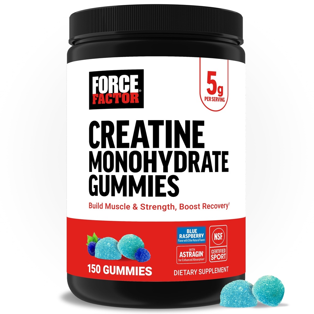 Force Factor Creatin Monohidrat Gummies, NSF Certified, 5g Doza pentru bărbaţi şi femei pentru a sprijini musculare, Putere, Recuperare, Cognitive Health & Memory, Package May Vary, Blue Raspberry, 150 Gummies
