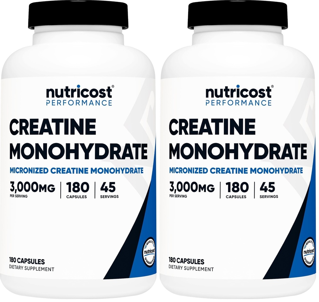 Nutricost Creatin Monohidrat 3000 mg, 180 capsule (750 mg per capsulă) - Gluten Free, non-GMO (Pachet de 2)