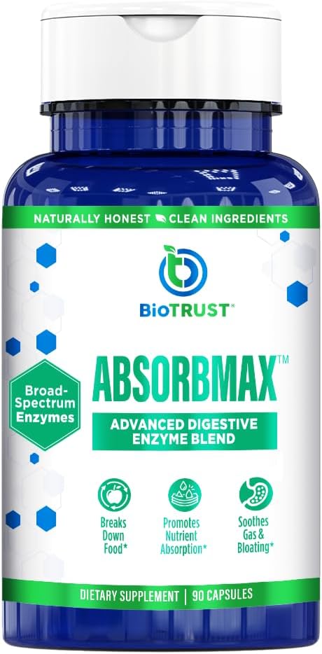 BioTrust AbsorbMax Spectrum Broad Digestive Enzyme Blend, Gluten Free, Non OMG-uri, Suport Digestiv pentru Digestia Nutrient, Absorbtie si Discomfort Digestiv periodic si Blooting