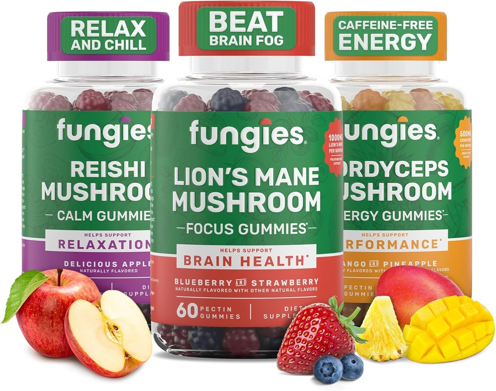 Ciuperci de ciuperci Gummy 3-Pack Bundle, Lion's Mane, Cordyceps & Reishi Gummies pentru adulți - ciuperci Gummies susține sănătatea creierului, sănătatea gutei, energie și wellness zilnic - 180 Serviri