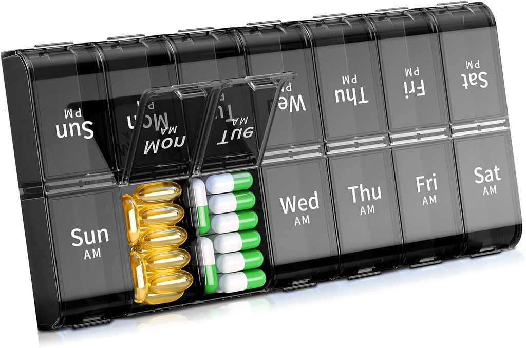 XL Large Weekly Pill Organizator 2 ori pe zi, Extra Big 7 zile Pill Box Am Pm, Daily Pill Case Medicine Organizator cu 14 Compartimente, Ziua de noapte Pilula Container pentru uleiuri de pește, Vitamina, Supliment