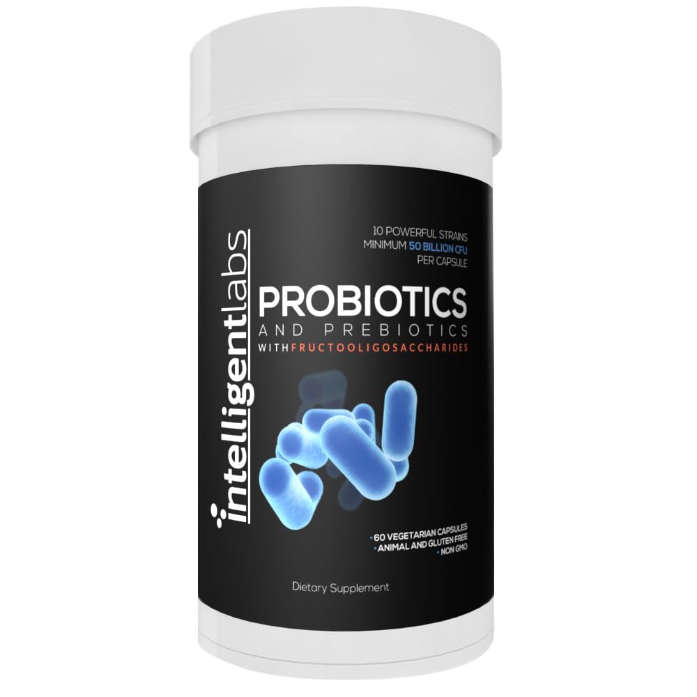 Laboratoare inteligente 50 Miliarde CFU Probiotic cu prebiotice, Nu este nevoie de frigider, cu sunfiber și FOS pentru 10x Mai multă eficacitate, 60 zile de aprovizionare pe sticla, a treia parte verificat pentru puritate