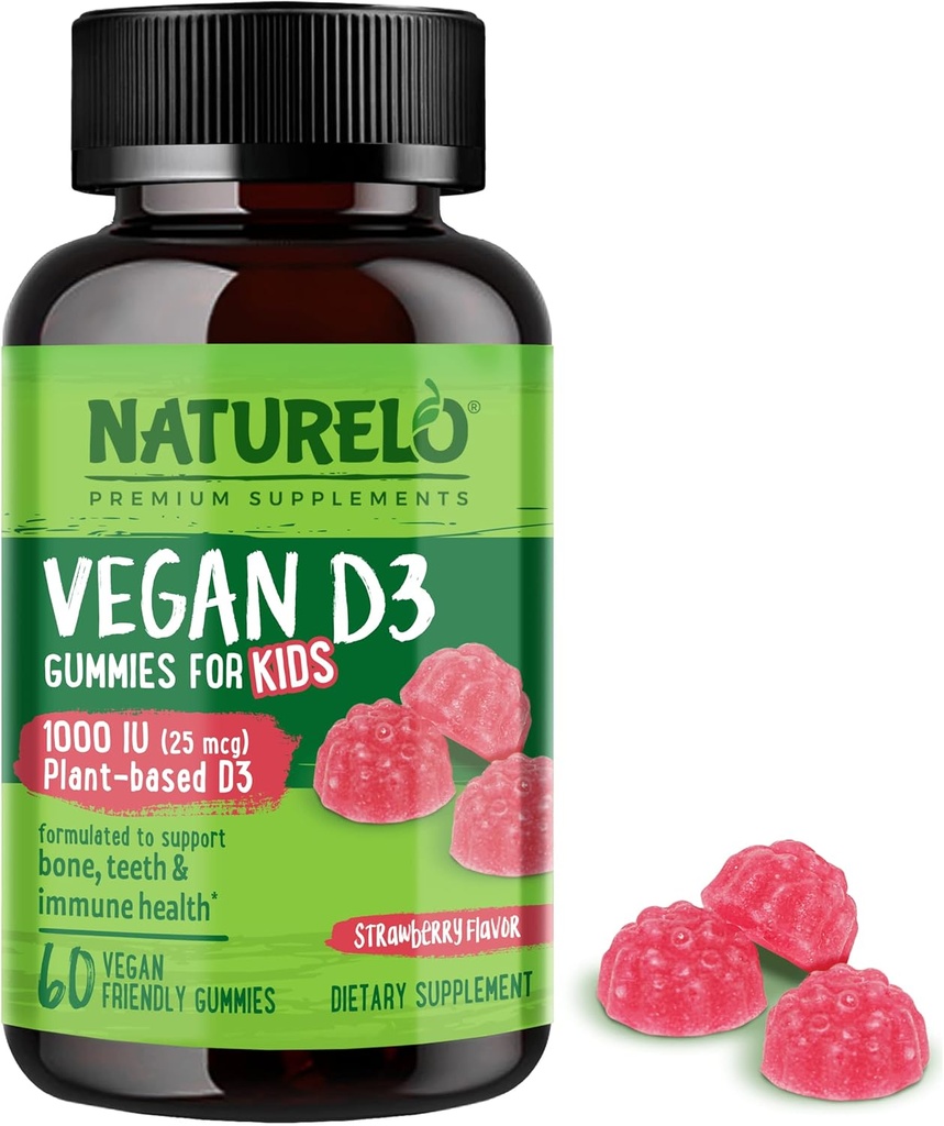 NATURELO Vegan D3 Gume pentru copii - 1000 UI vitamina D3 - Suplimentul alimentar întreg pe bază de plante pentru copii 4 și mai în vârstă - 60 Vegan-Friendly Gummies
