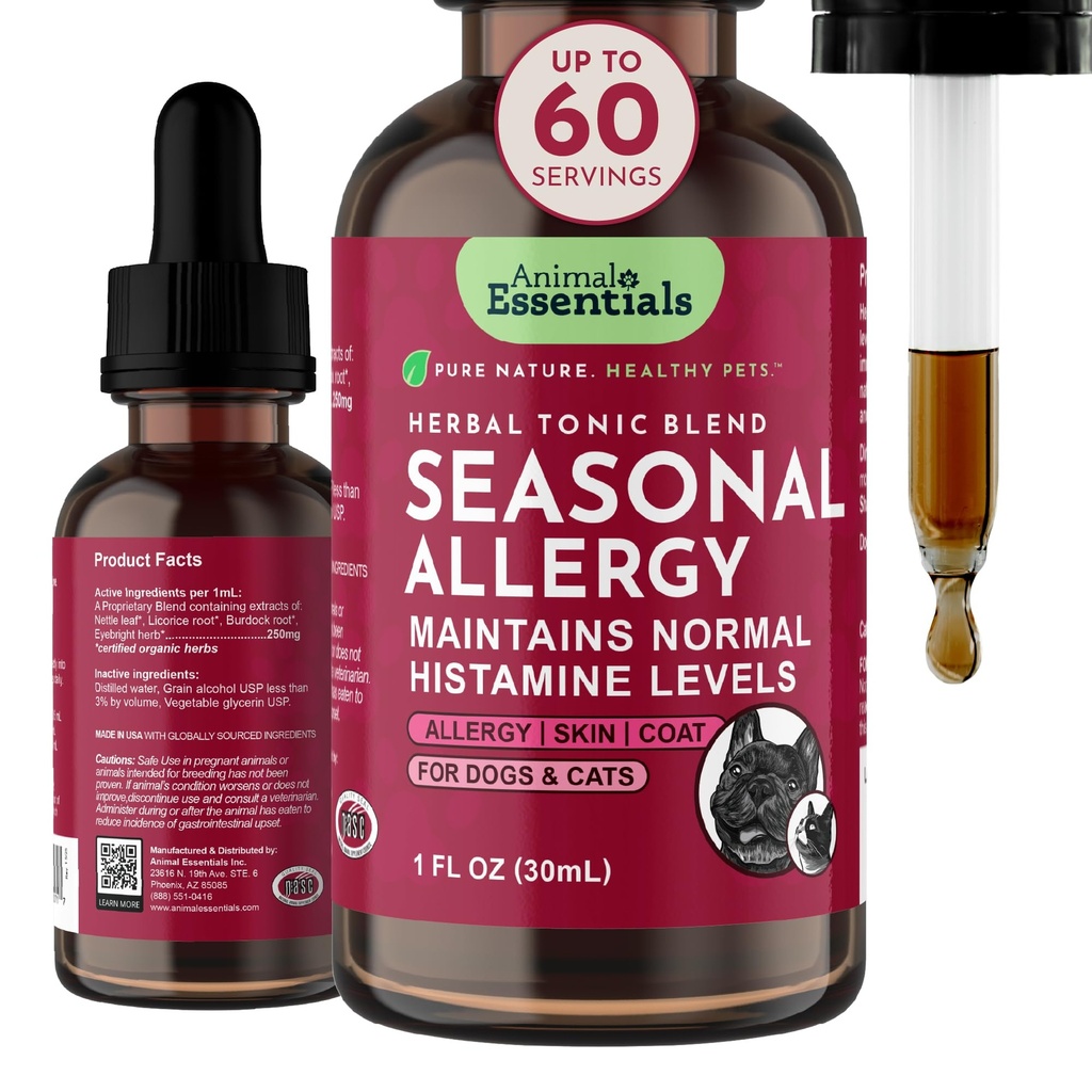 Animal Essentials Alergia sezoniera- Formula Herbal pentru câini și pisici pentru alergii ocazionale Relief, gust dulce, 100% plante organice umane de grad, Veterinarian recomandate animale Wellness Tonics - 1 Fl Oz