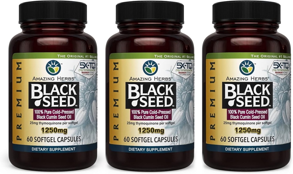 Amazing Herbs Premium Black Seed Oil Capsule - Mare potenta, Cold presat Nigella Sativa SIDA în Digestive Health, Immune Support & Brain Function - 60 Conte, 1250 mg (Pachet de 3)
