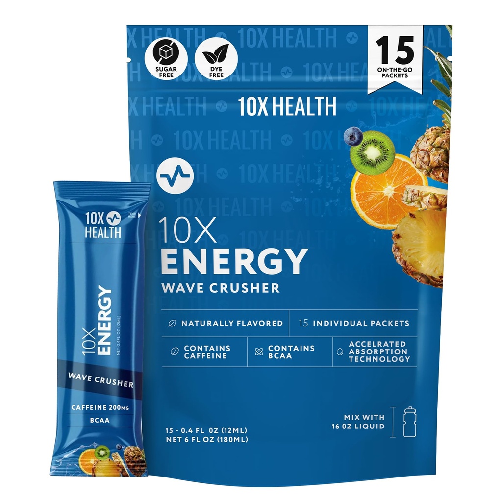 10X Health - Energy Wave Crusher - Energetic Drink with 200mg Caffeine, BCAAs, B Vitamins, Accelerated Absorbtion - Tropical Punch Pre-Greenout Drink - 15 Drink Mix Packets (Wave Crusher - Energy)