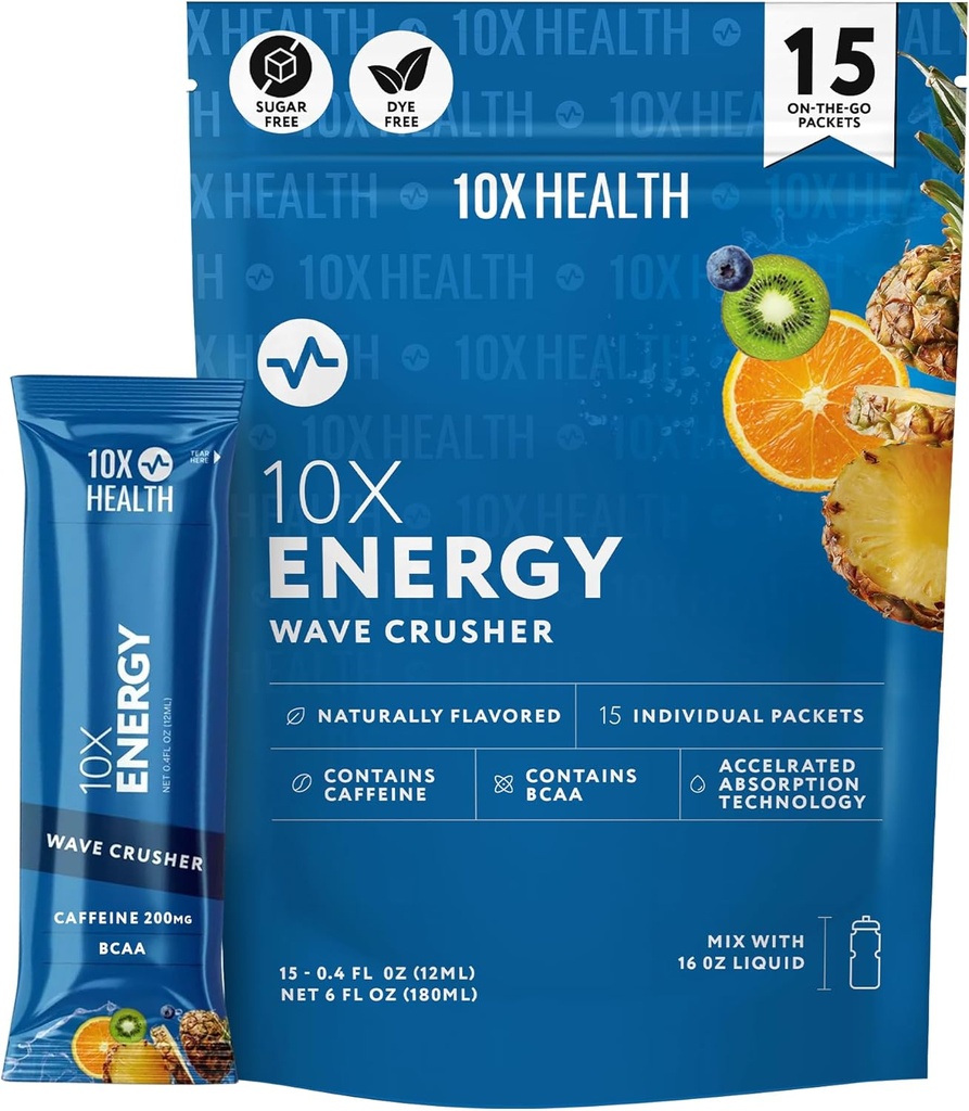 10X Health - Energy Wave Crusher - Energetic Drink with 200mg Caffeine, BCAAs, B Vitamins, Accelerated Absorbtion - Tropical Punch Pre-Greenout Drink - 15 Drink Mix Packets (Wave Crusher - Energy)