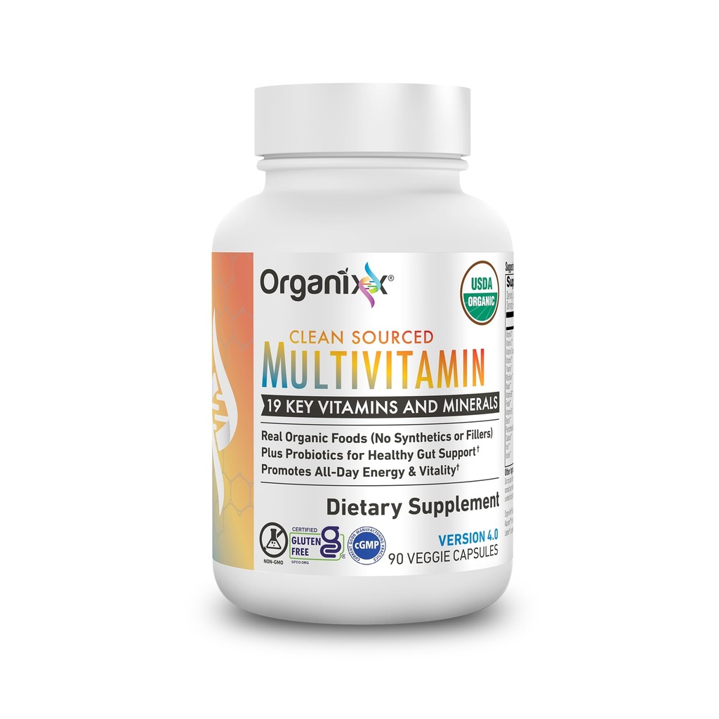 Organixx Vegan Multivitamine pentru femei si barbati, cu vitamina C, D3, Vitamina B Complex, Probiotice, Fructe si Legume organice, Suporturi Digestive, Sanatate gutoasa, Suport Immune, 90 Capsule Gel
