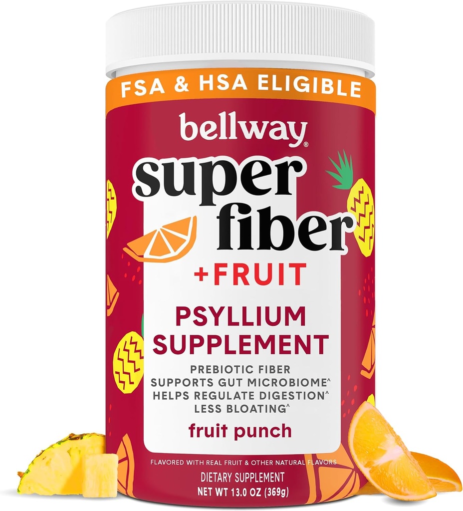 Bellway Super Fiber Powder + Fruit, Sugar Free Organic Psyllium Husk Powder Fiber Supplement for Regularity, Blaating Relief & Digestive Health, Plant-Based, Fruit Punch (50 Servings)