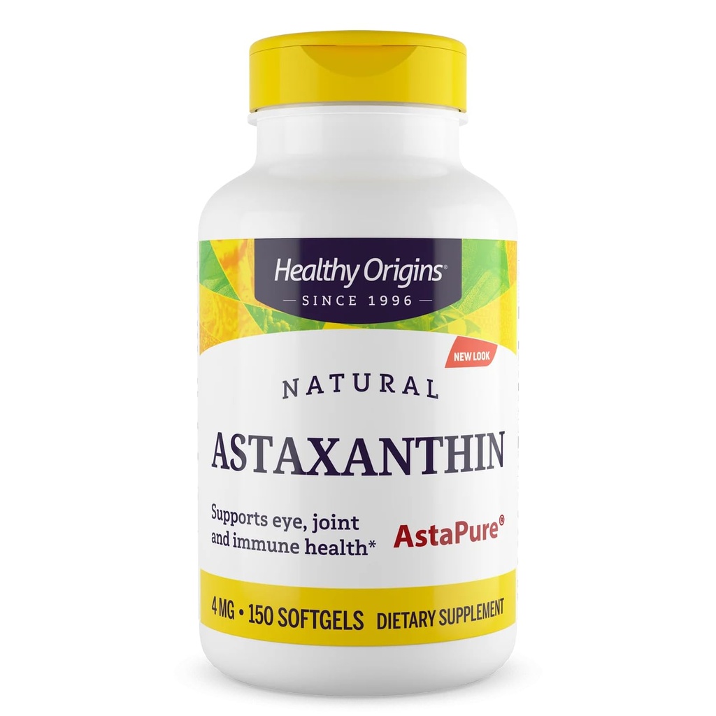 Origini sănătoase Astaxanthin 4 mg (Natural, Astapure, Non-GMO, Gluten Free, Eye Support, Joint Support, Immune Support), 150 Softgels