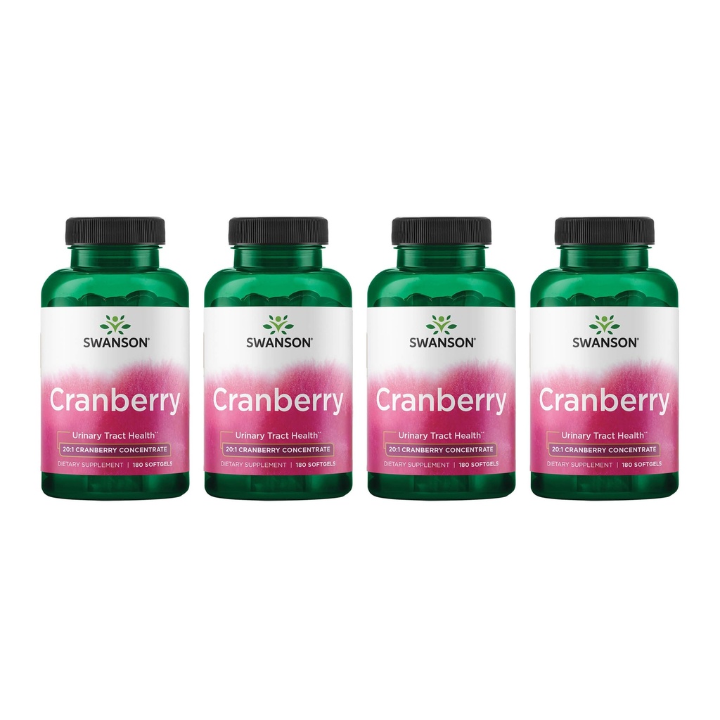 Swanson Cranberry - Sustine sanatatea Tractului urinar, Controlul vezicii urinare & Promoveaza functia sanatoasa a rinichilor - Supliment Made with 20:1 Concentrat de suc de afine - (180 Softgels) 4 Pack