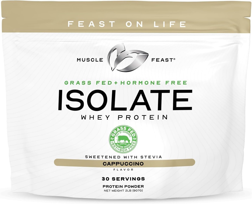 Muscle Feast Grass-Feed Proteina Whey Izolat, Toate naturale Hormone gratuit Paste crescute, Whey Izolate Pulbere de proteine pentru bărbați și femei, Curățați, Gluten-Free, Proteine izolate delicioase - Cappuccino, 2lb