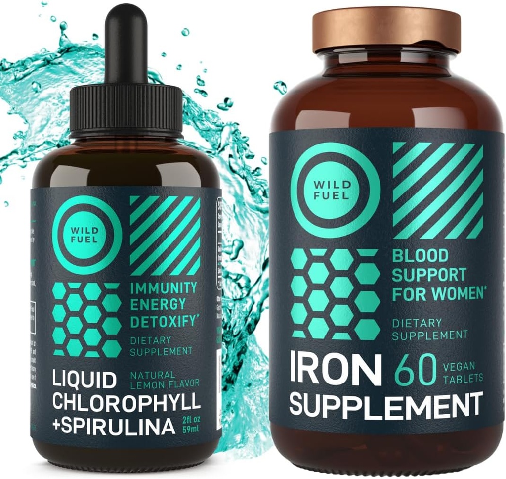 WILD tablete de fier combustibil pentru femei cu acid folic și clorofilă lichidă cu Spirulina Femeie Sănătate și Detoxifiere Bundle