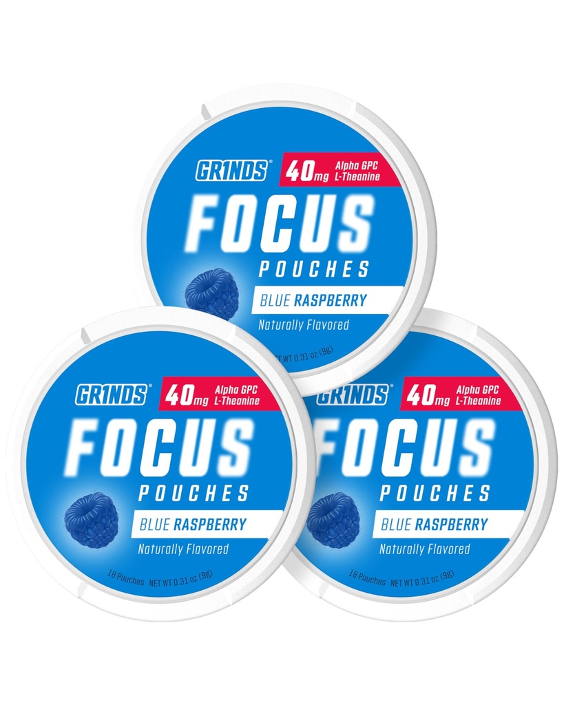 GRINDS focus pungi - naturale arovate cu ingrediente Nootropice - conține Alpha GPC și L-Theanină, zahăr-gratuit - 3 Pack, 18 pungi per cutie - zmeură albastră