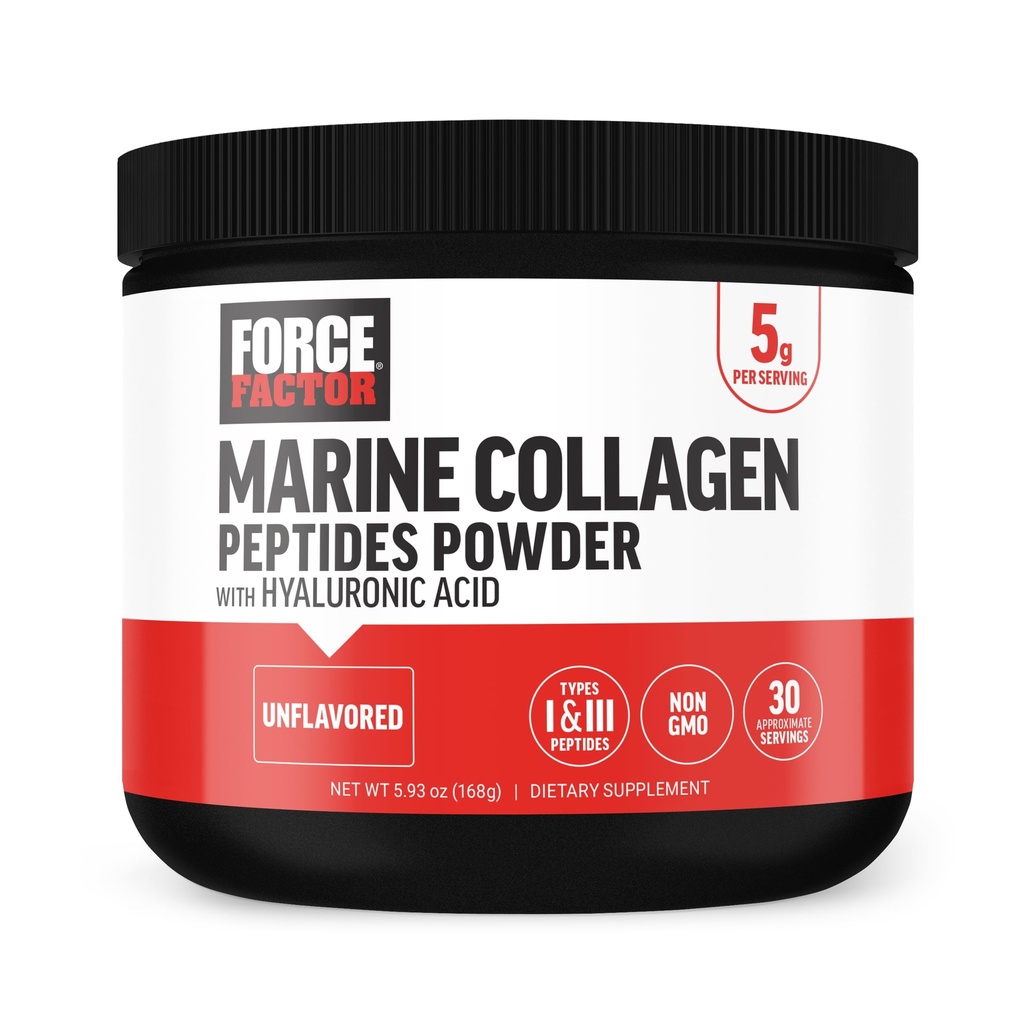 Force FACTOR Marine Colagen Powder for Women and Men, Marine Colagen Peptides Tip I & III cu acid hialuronic pentru a sprijini parul sanatos, piele, unghii, oase, și articulații, Nearomate, 30 Serviri