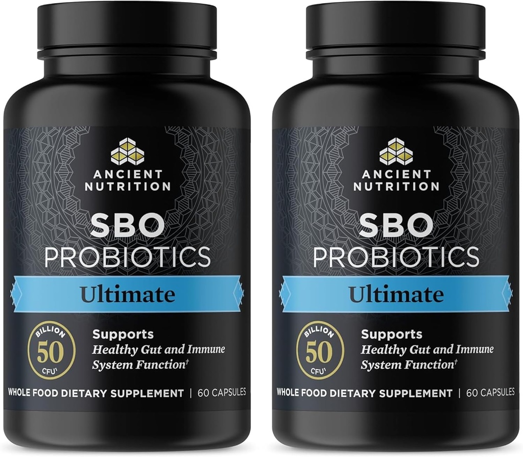 Probiotice nutriţionale antice, probiotice SBO Ultimate 50 Miliarde CFU* / Serving, Digestive şi Immune Support, Gluten Free, Antic Superfoods Blend, Shrink-Wraped 60 Capsule (2 ambalaj)