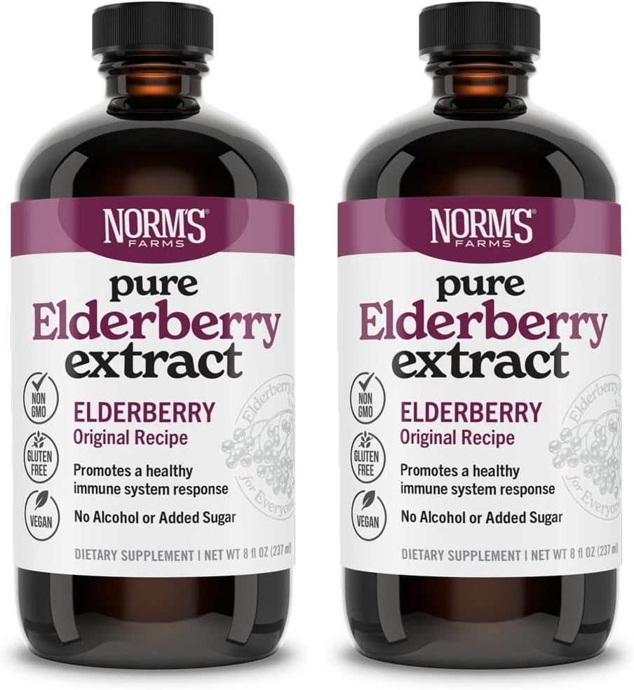 Fermele lui Norm Pure Elderberry Extract 2PK - Made from only Elderberries in USA - Immune, Antioxidant Support, No Adăugate Sugar, Aditivi, Vegan, Gluten-Free, Non-GMO, Tincture Alcool Free - 8 Oz