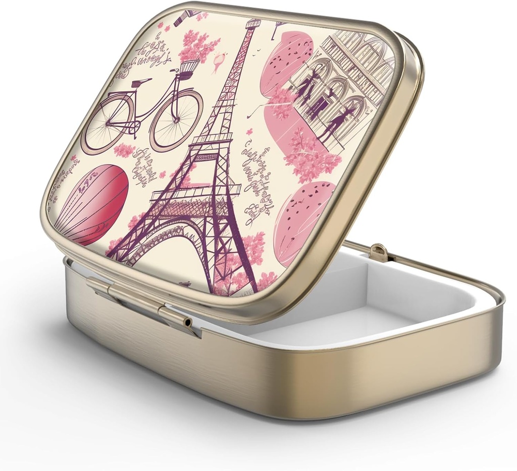 Pilulă cutie de pastile cu oglindă Retro 2 Compartiment caz Pilulă mică pentru Purse sau Pocket Bronz cutie de pastile dreptunghiulare sau vitamine, ulei de pește, Suplimente, Pilula Contine cadouri de călătorie (Paris Eiffel Tower)