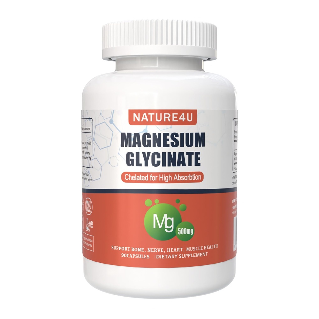 Glicinat de magneziu 500mg, 100% Chelat pentru absorbţie mare Supliment de magneziu pentru somn, musculare, cardiace, niciodată şi suport osos, 90 capsule