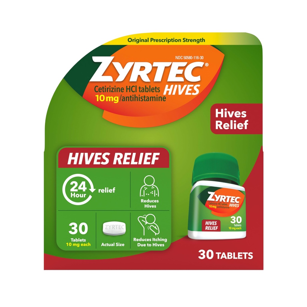 Zyrtec 24 ore Hives Relief Tablets, 10 mg Cetirizin HCl comprimate pentru a ajuta la reducerea stupurilor şi reducerea mâncărimii din cauza stupurilor, antihistaminice comprimate pentru ameliorarea mâncărimii & Tratamentul urticariei, 30 ct