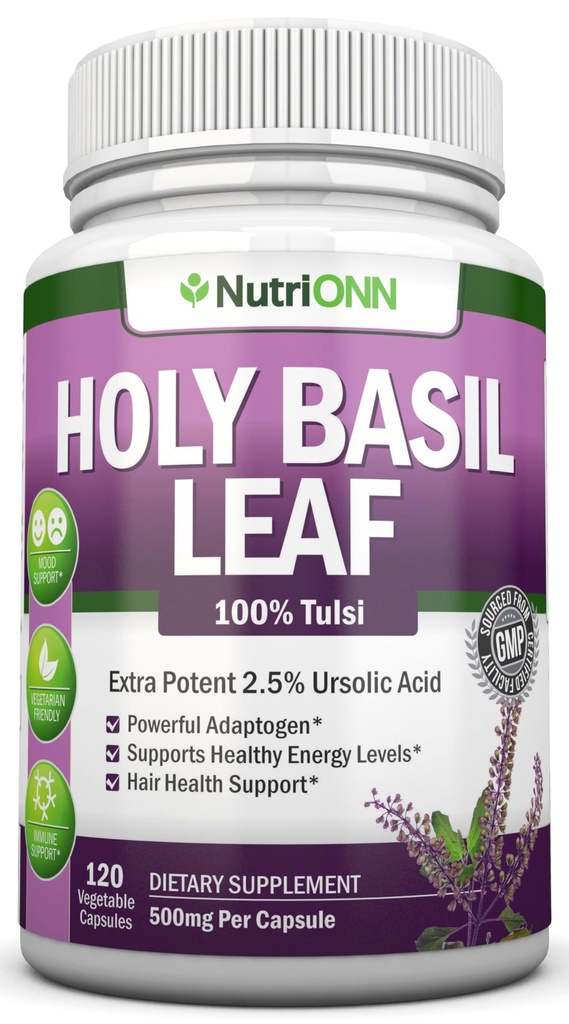 Holy Basil Leaf Capsule - 500mg - 2,5% Acid Ursolic - 120 Capsule Vegan - Real Tulsi Extras Supliment - pozitiv Mindset - Adaptogenic & Ayurvedic Herb