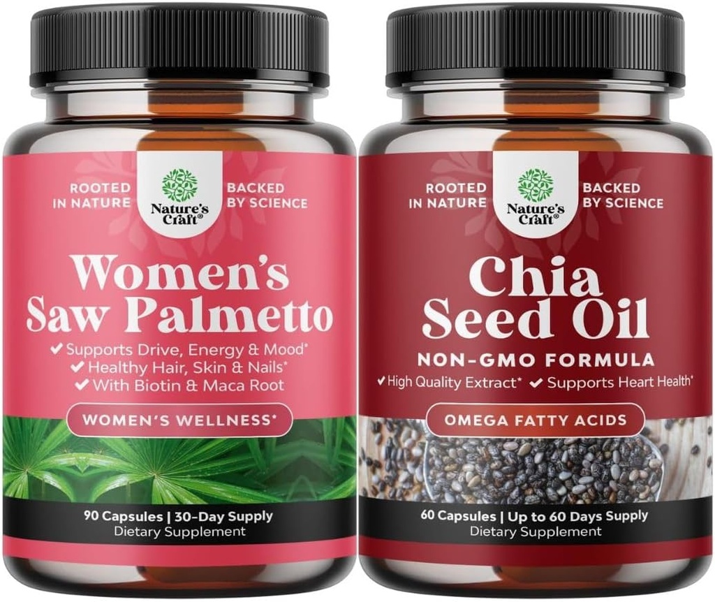 Bundle de putere suplimentara Saw Palmetto pentru femei și Chia Seed Extract de ulei capsule - mai puternic mai groase vitamine de creștere a părului - plante pe bază de Omega 3 6 9 Supliment și capsule de fibre de zi cu zi