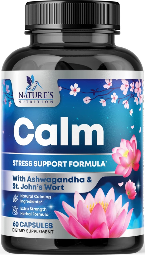 Natural Calm, Unwind & Relax Support - Ashwagandha, GABA, Magneziu, L-Theanin & More - Natural Focus, Energy & Immune Support - Natura Non-GMO, Vegan, Gluten Free, îmbuteliat în Statele Unite ale Americii - 120 Capsule