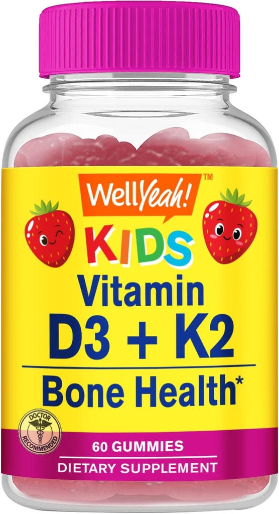 Ei bine Da Vitamina D3 + K2 pentru copii Gume - Vitamina D3 1000 UI, K2 100 MCG - Suport pentru sanatate osoasa si musculara, arome naturale, OMG gratuit, gluten gratuit, Vegan - K2 D3 Suplimentul de vitamine- 60 Gume