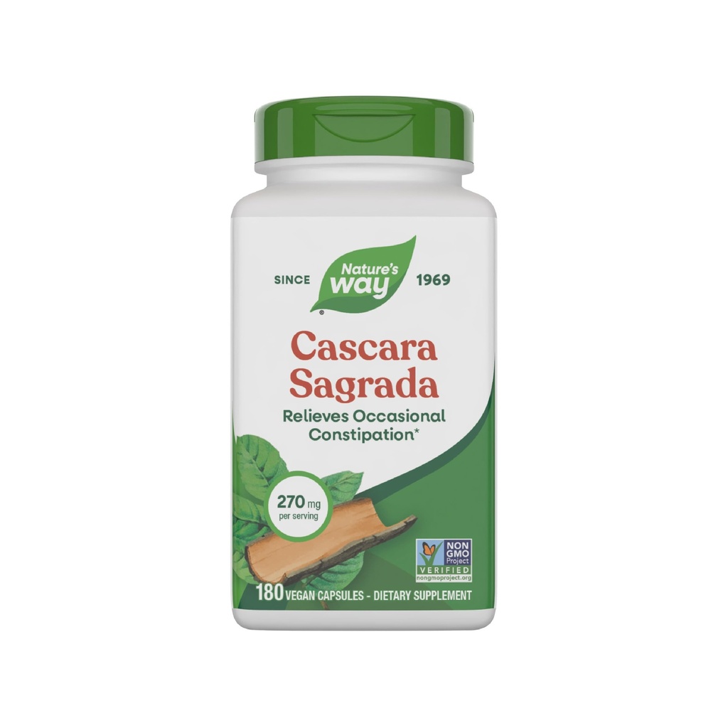 Natura's Way Cascara Sagrada Bark, Constipație ocazională Relief pentru adulți și copii Vârsta 12+, Sprijină Regularitatea*, Proiect non-GMO verificat, 270 mg per Servire, 180 Capsule (Packaging May Vary)