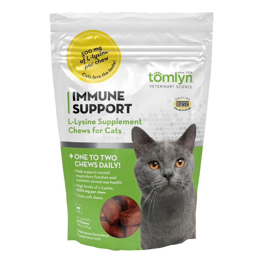 Tomlyn Immune Supplement Daily L-Lysine, Lysine Chews pentru pisici și pisici, 30ct