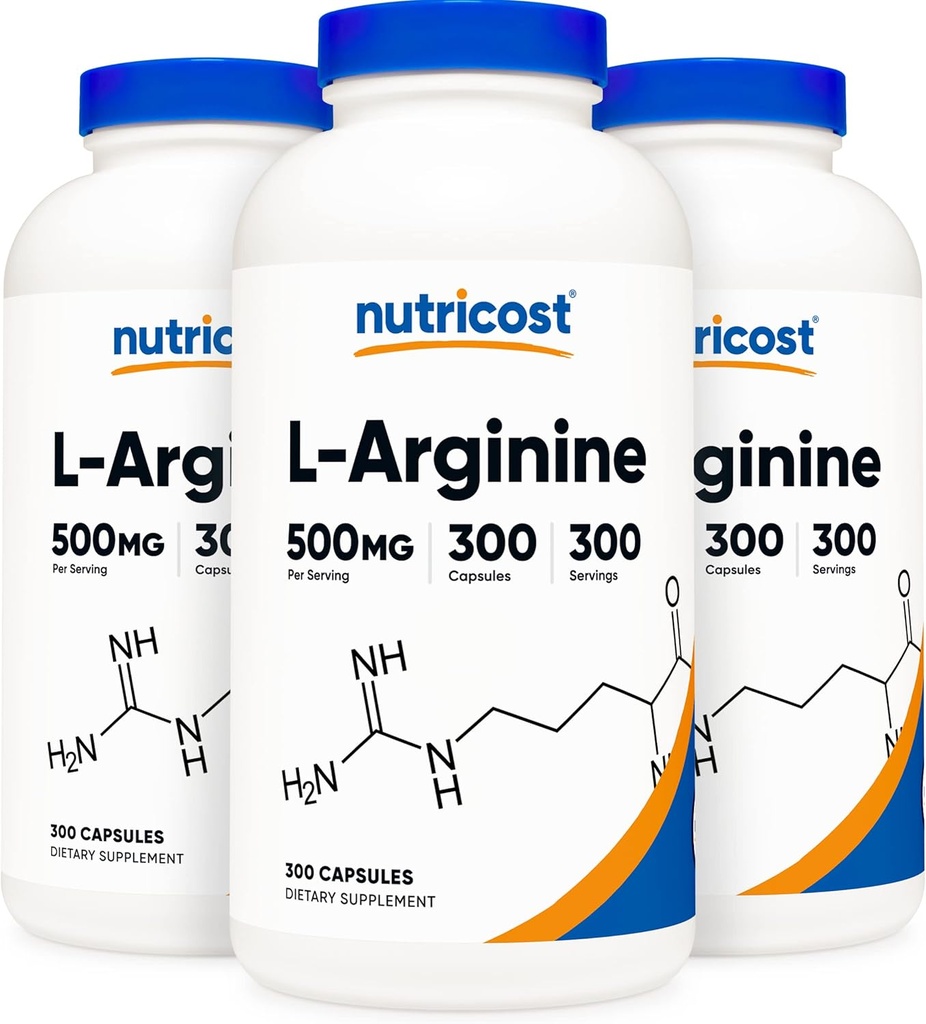 Nutricost L-Arginină 500 mg, 300 capsule (3 flacoane)