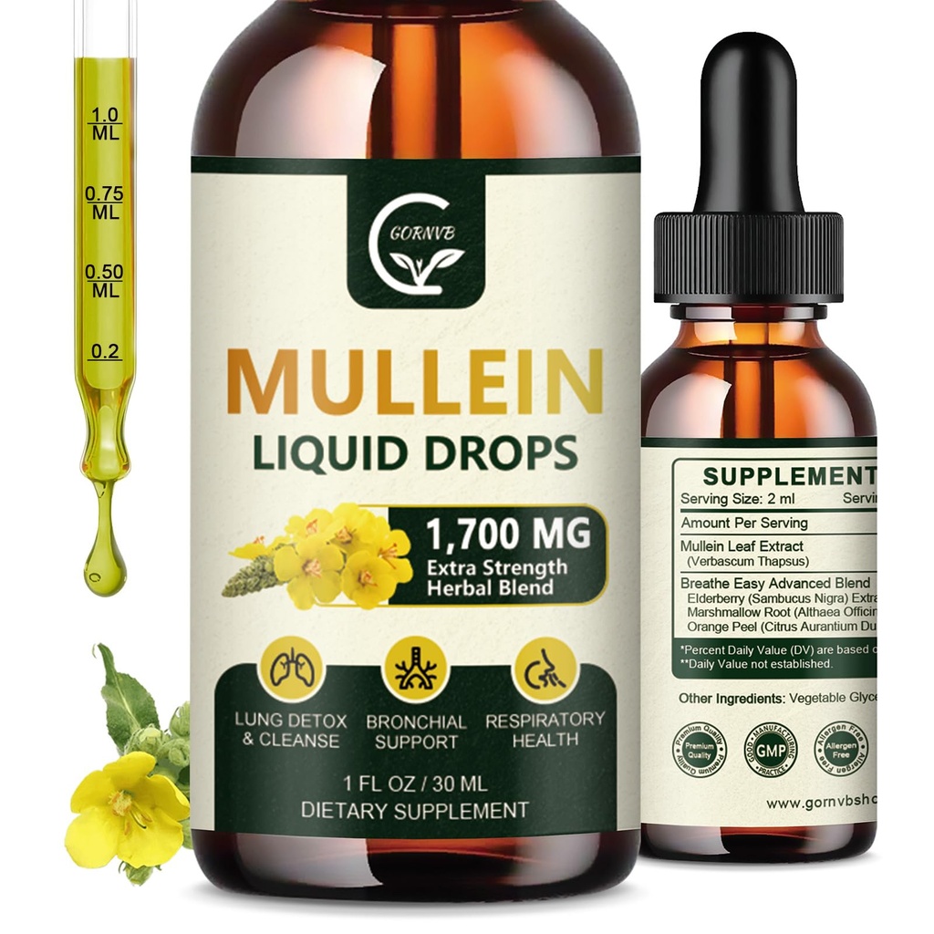 (2 ambalaj) Mullein picături pentru plămâni - Plămâni Curățare și suport respirator, puternic 4 în 1 Mullein Leaf Extract cu Elderberry, Root marshmallow și Orange Peel pentru suport bronchial, 1 Fl Oz