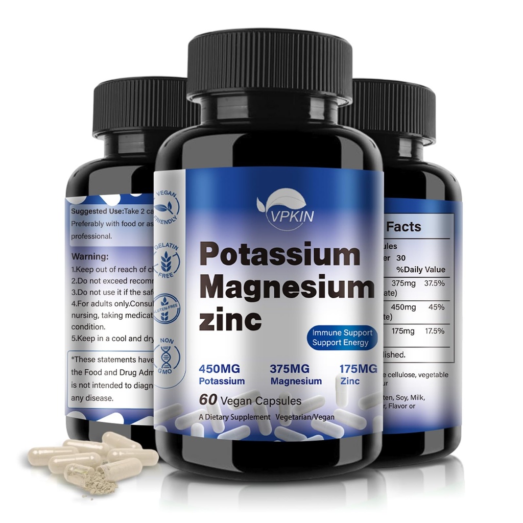 Potasiu Magneziu Supliment 1000mg, Magneziu Zinc de potasiu pentru crempi de picior, Complex de magneziu de înaltă absorbţie,Vegan (60 capsule)