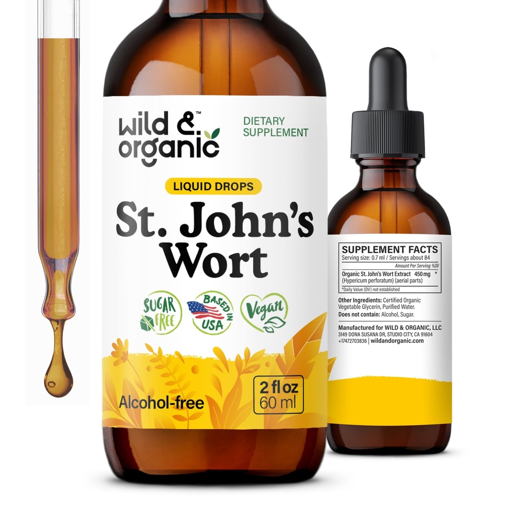 Wild & Organic St Johns Tincture Wood - Suport de stare de spirit - Relaxare St. John's Wort Supplement - lichid Hypericum Perforatum Herb picături - Vegan, zahăr și alcool-free - 2 fl oz