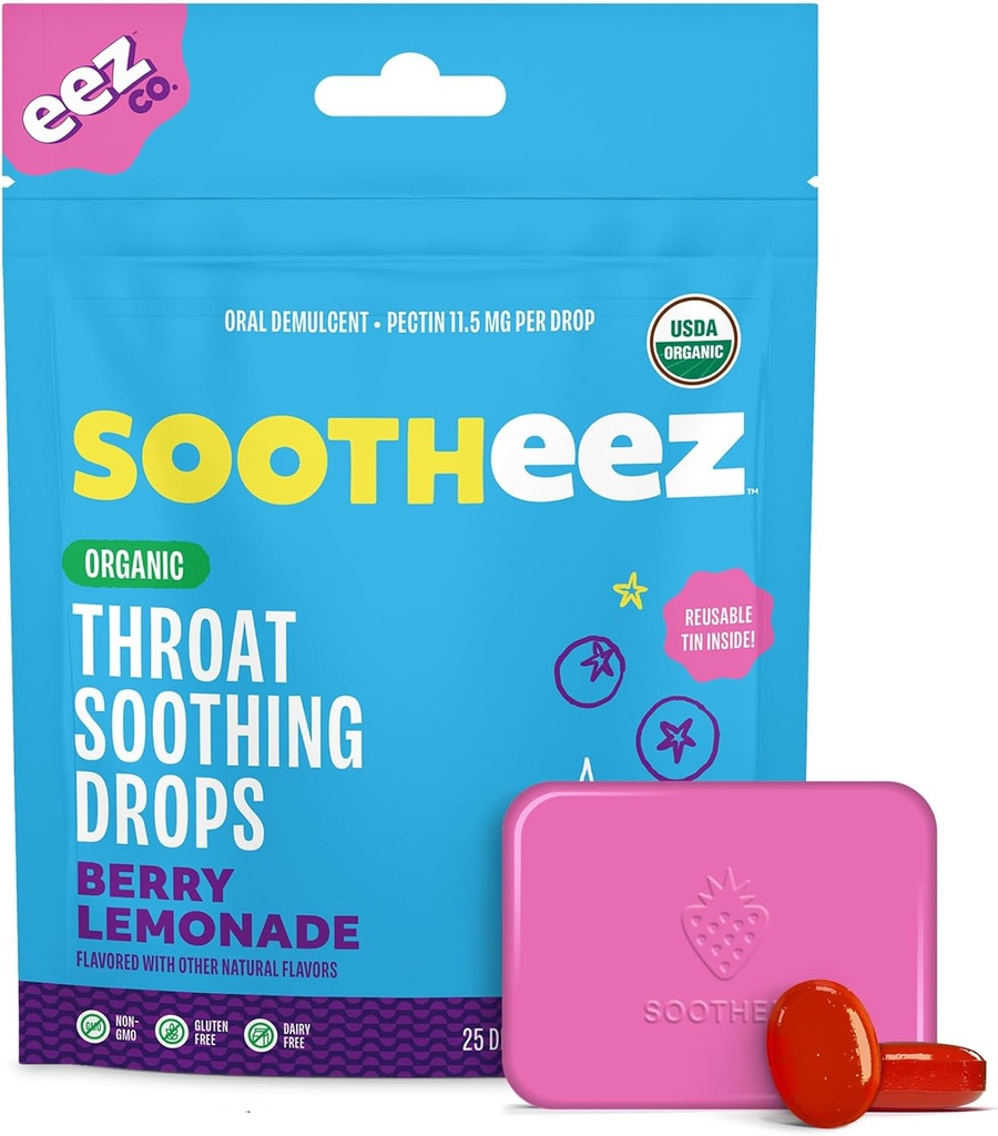 Soothez Organic Throat Soothing picături pentru adulți, Berry Lemonade, 25 Conte, Refillable, Great Tasting picături că Sooth Sore gâturi