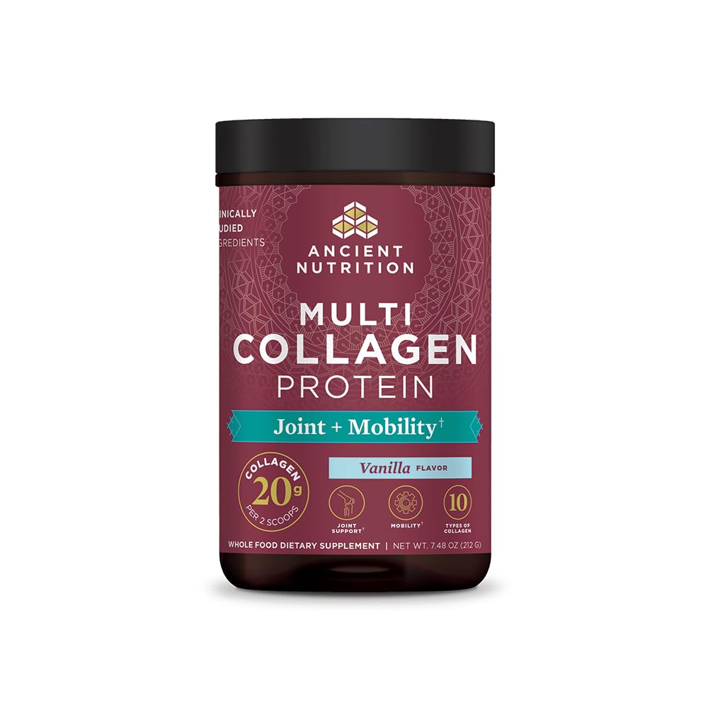 Nutriție antică Colagen pulbere Proteina, Multi Colagen Proteine pulbere comun + Mobilitate, 20 Servire, Supliment comun cu Colagen peptide hidrolizate pentru antrenament post, 7.48oz