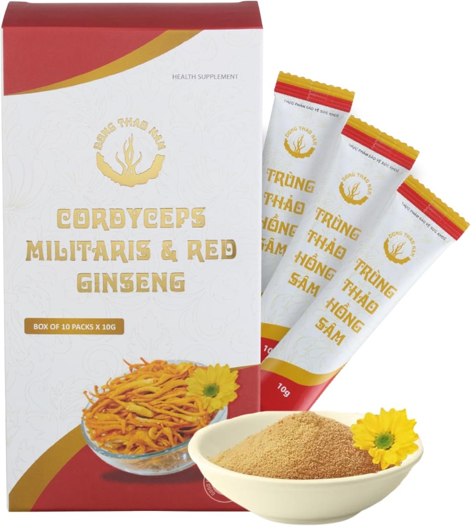 Dong Thao NAM - Ecologic Red Ginseng și Cordyceps pulbere, 6 în 1 Extract de plante, crește gradul de alertă, crește energia și reduce oboseala, Cafeina gratuit, pachet de 10