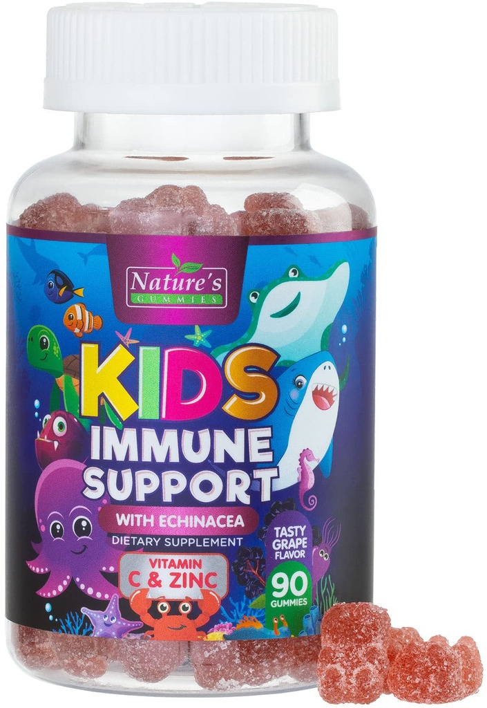 Copii Suport Imun Supliment Gummies - Daily Childrens Vitamine C, Zinc & Echinacea - Gummy pentru copii Suport Imunitate, Vârsta 4 și în sus, Aroma naturală Berry, Non-GMO, Gluten-Free & Vegan - 90 Gume